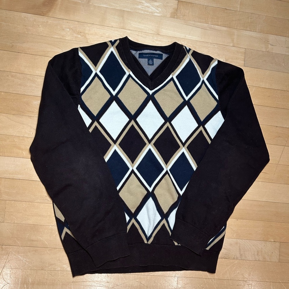Tommy Hilfiger Black and Tan Argyle V-Neck Sweater